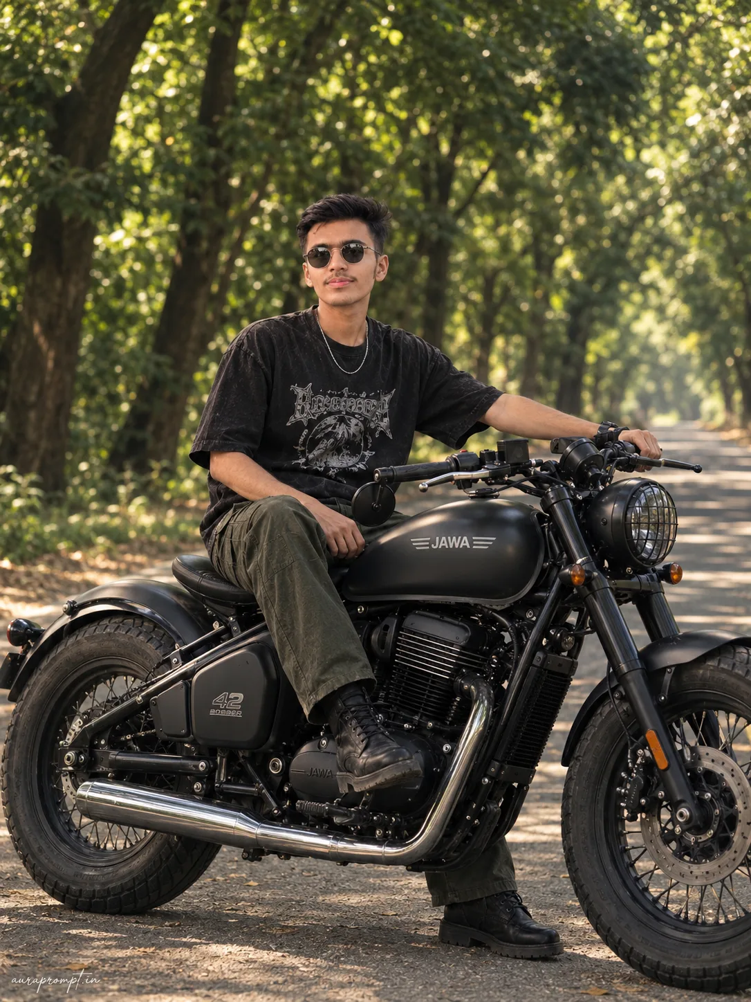 A quiet stretch of open road sits beneath a dense canopy of tall green trees, the afternoon light filtering through the leaves in broken