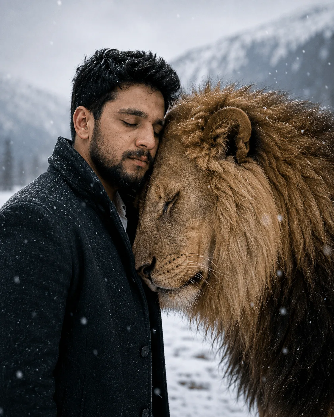 Create a museum-quality, indistinguishable-from-a-real-photograph portrait of a man and a mature male lion sharing a quiet moment of mutual
