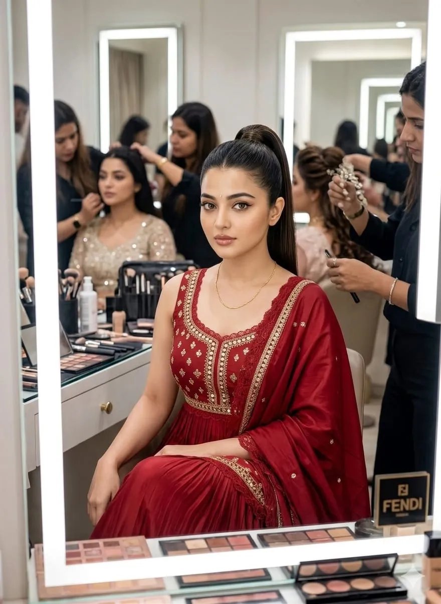 Prompt - Place the outfit beautiful women fabric fendy silkreal smooth , lustrous & lightweight silk with a rich sheen and elegant drape,