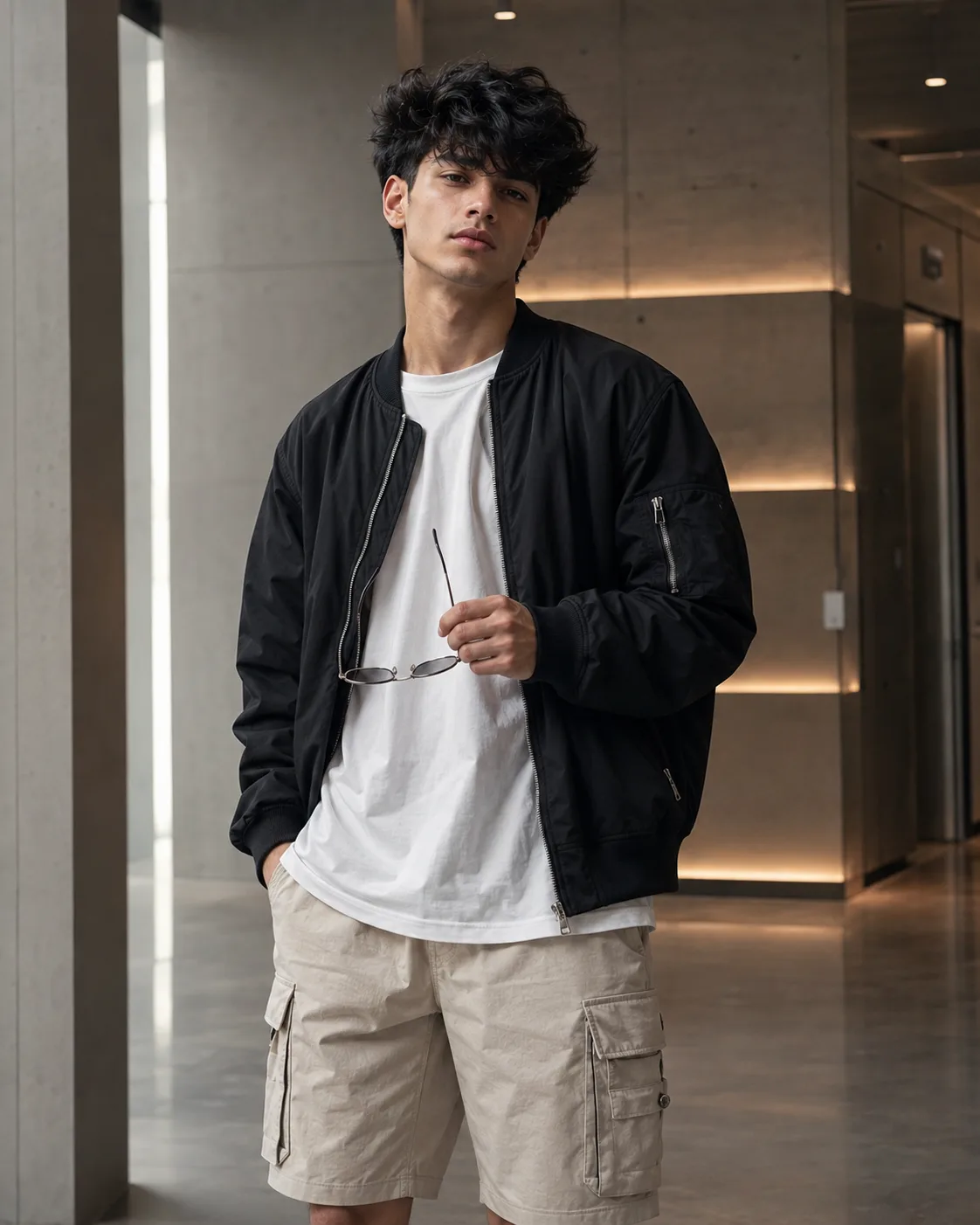 Create an ultra-realistic 4K fashion portrait of a stylish young man standing confidently inside a luxurious contemporary interior with