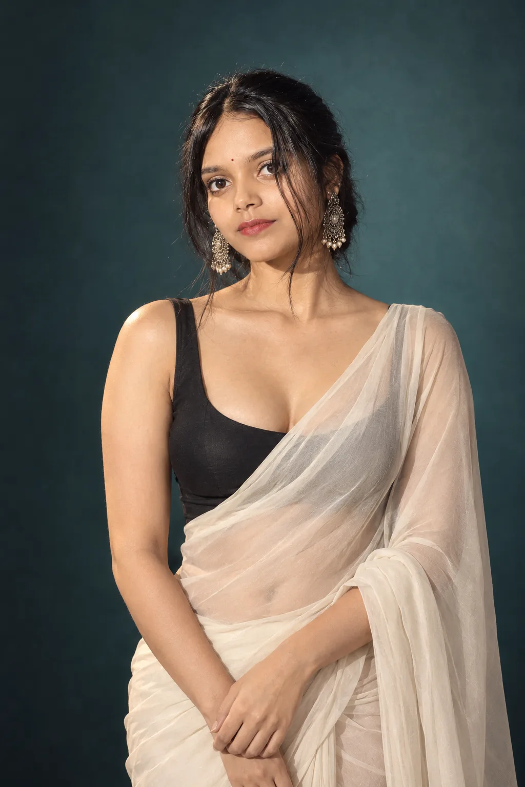 { "image_type": "studio_fashion_portrait", "style": { "medium": "realistic photography", "aesthetic": "elegant, minimal, editorial, Indian
