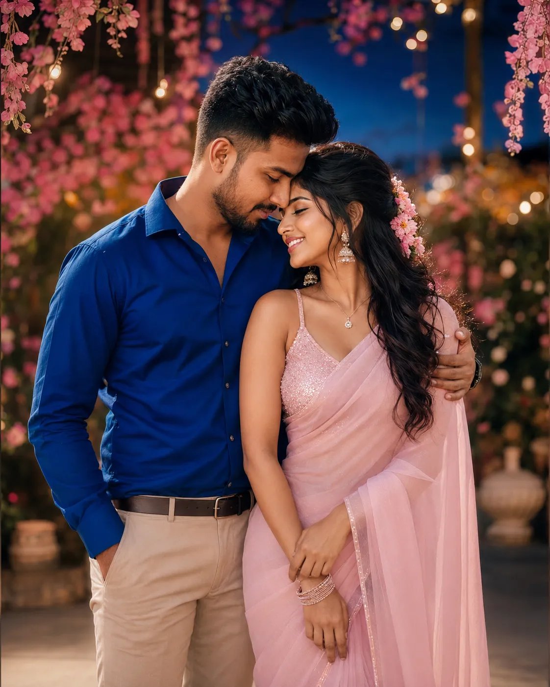 β‘π«π π«° Create an ultra-realistic, cinematic romantic portrait of a young South Indian husband and wife sharing a tender, intimate moment.