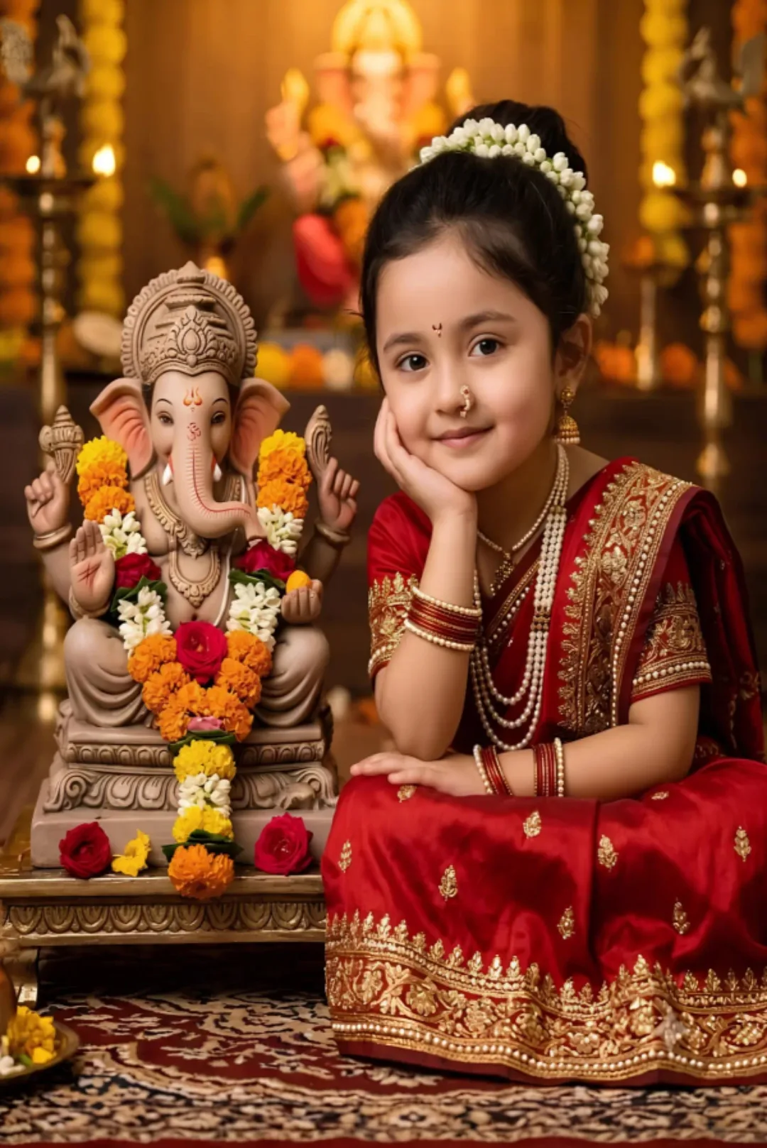 A DRAMATIC, FINE-ART STUDIO PORTRAIT OF A YOUNG INDIAN GIRL DRESSED IN TRADITIONAL MAHARASHTRIAN ATTIRE.