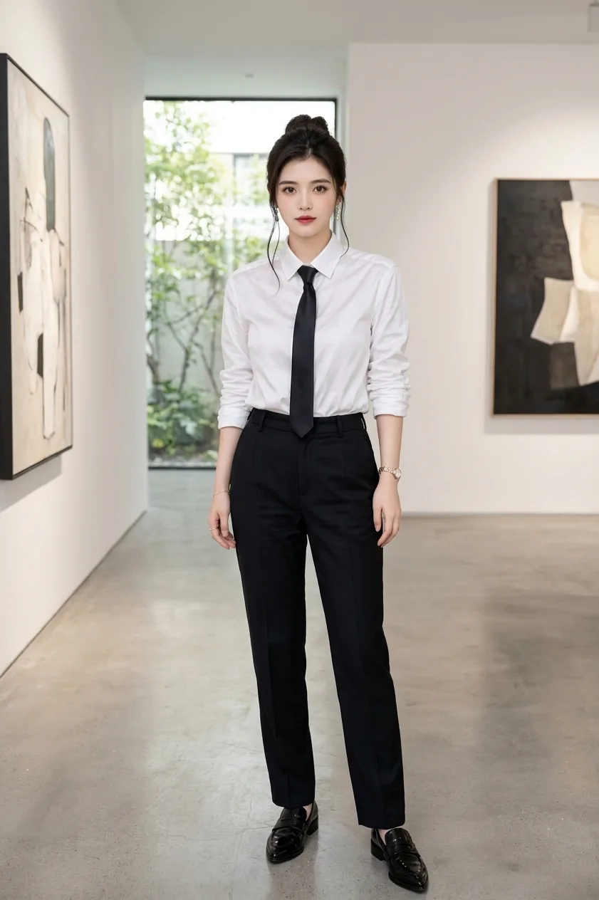 > A high-resolution, full-body photograph of the same young woman from image_21.png, now directly facing the camera with a confident,
