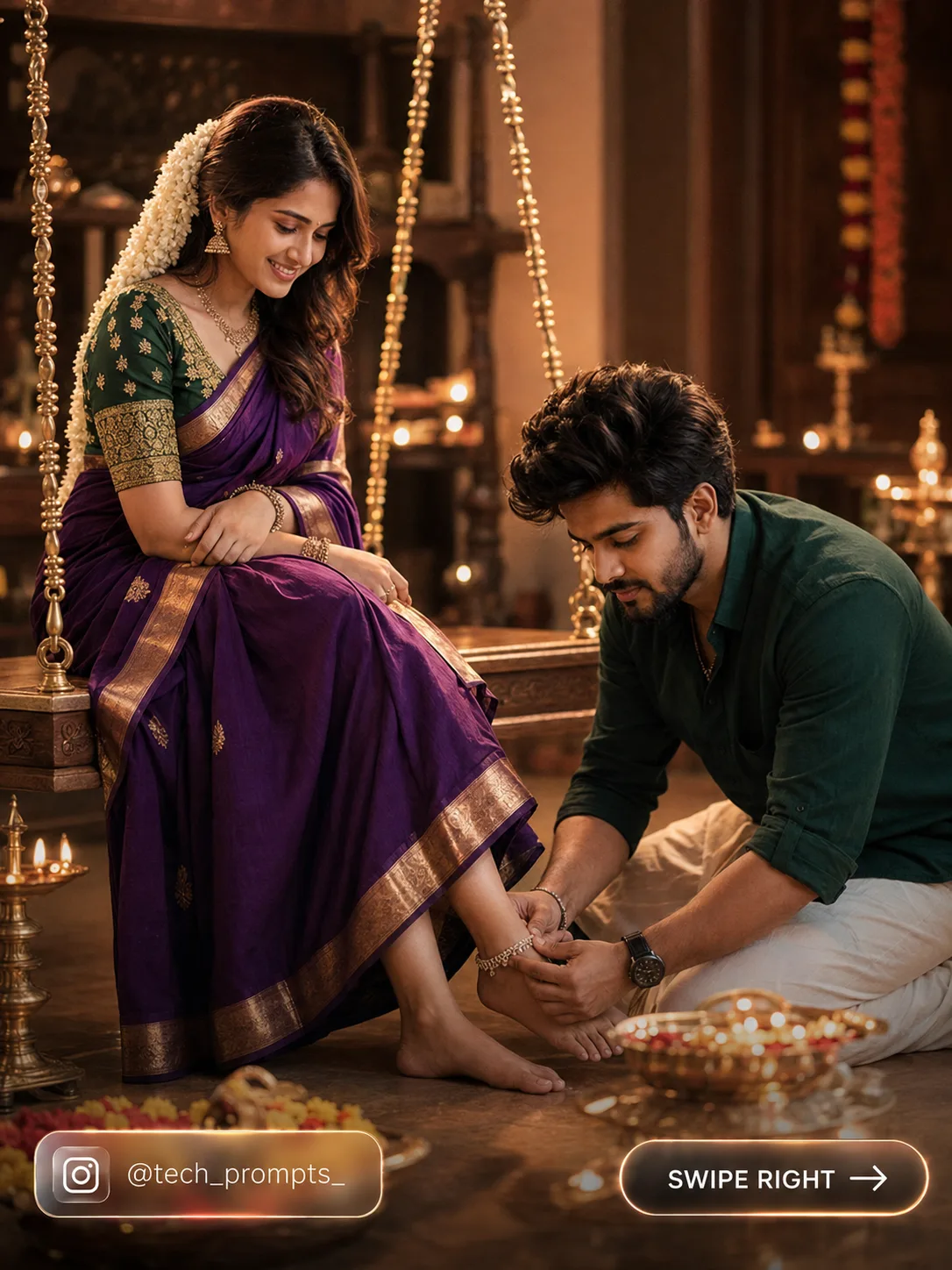 A cinematic, ultra-realistic 3:4 portrait of a young South Indian couple during a traditional pre-wedding ceremony.