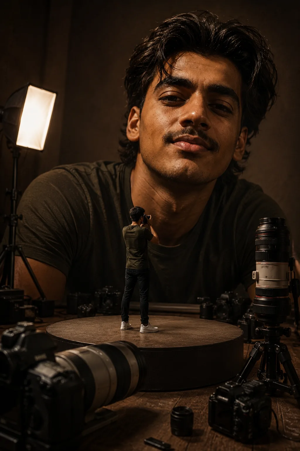 Exact Image Recreation Prompt Create a highly photorealistic cinematic behind-the-scenes photography studio portrait closely recreating the