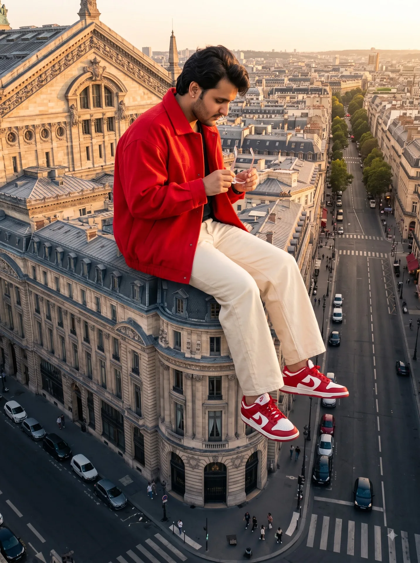 Epic surreal cinematic fashion editorial, vertical full-body portrait of a colossal person sitting casually on top of the ornate dome of a