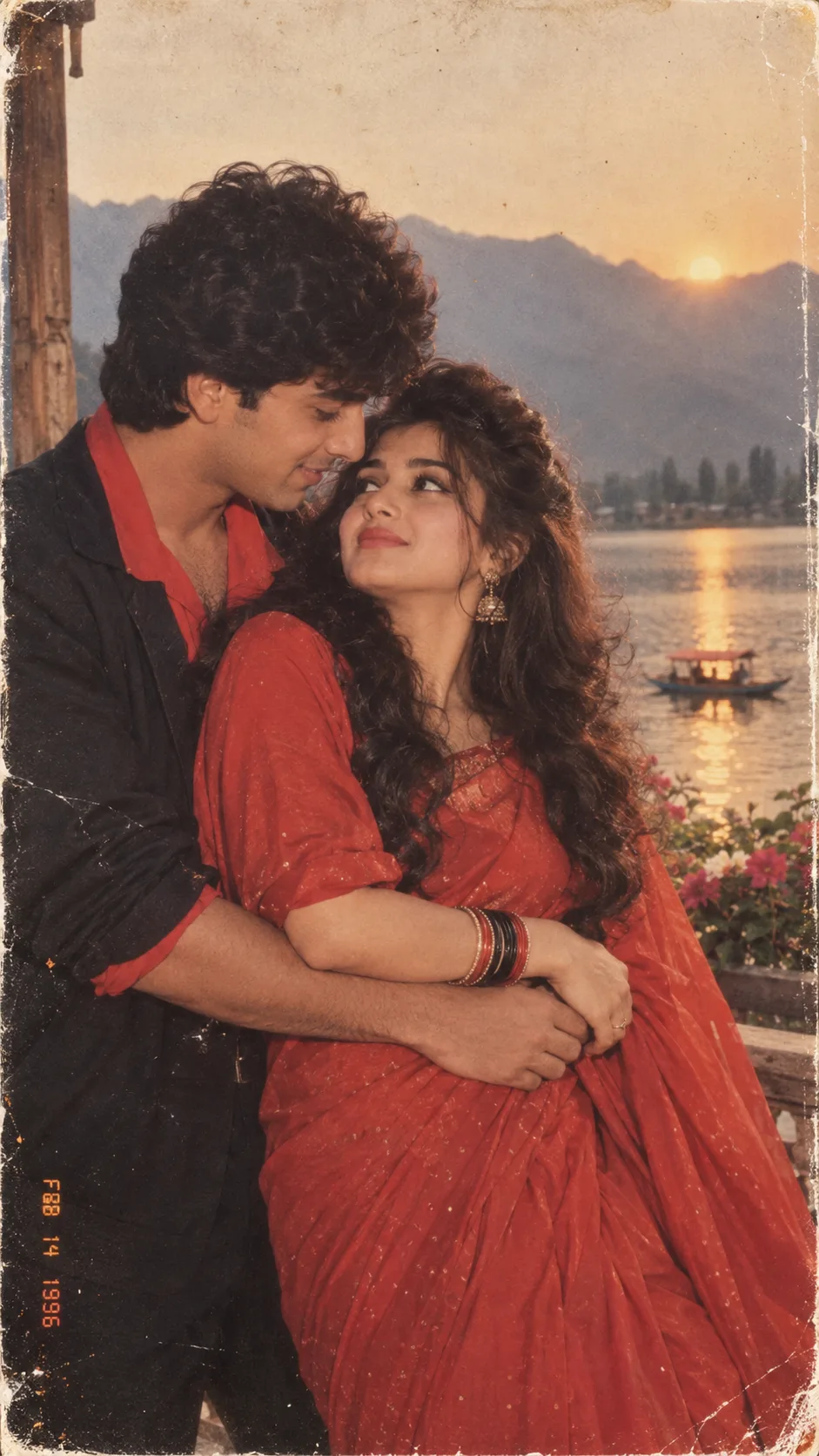 Create an ultra-realistic 9:16 vintage 80s-90s Bollywood couple photo, using the reference faces accurately.