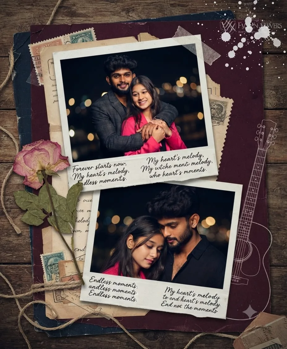 A dark romantic scrapbook poster with two diagonal torn-edge polaroid photos of a South Asian couple.