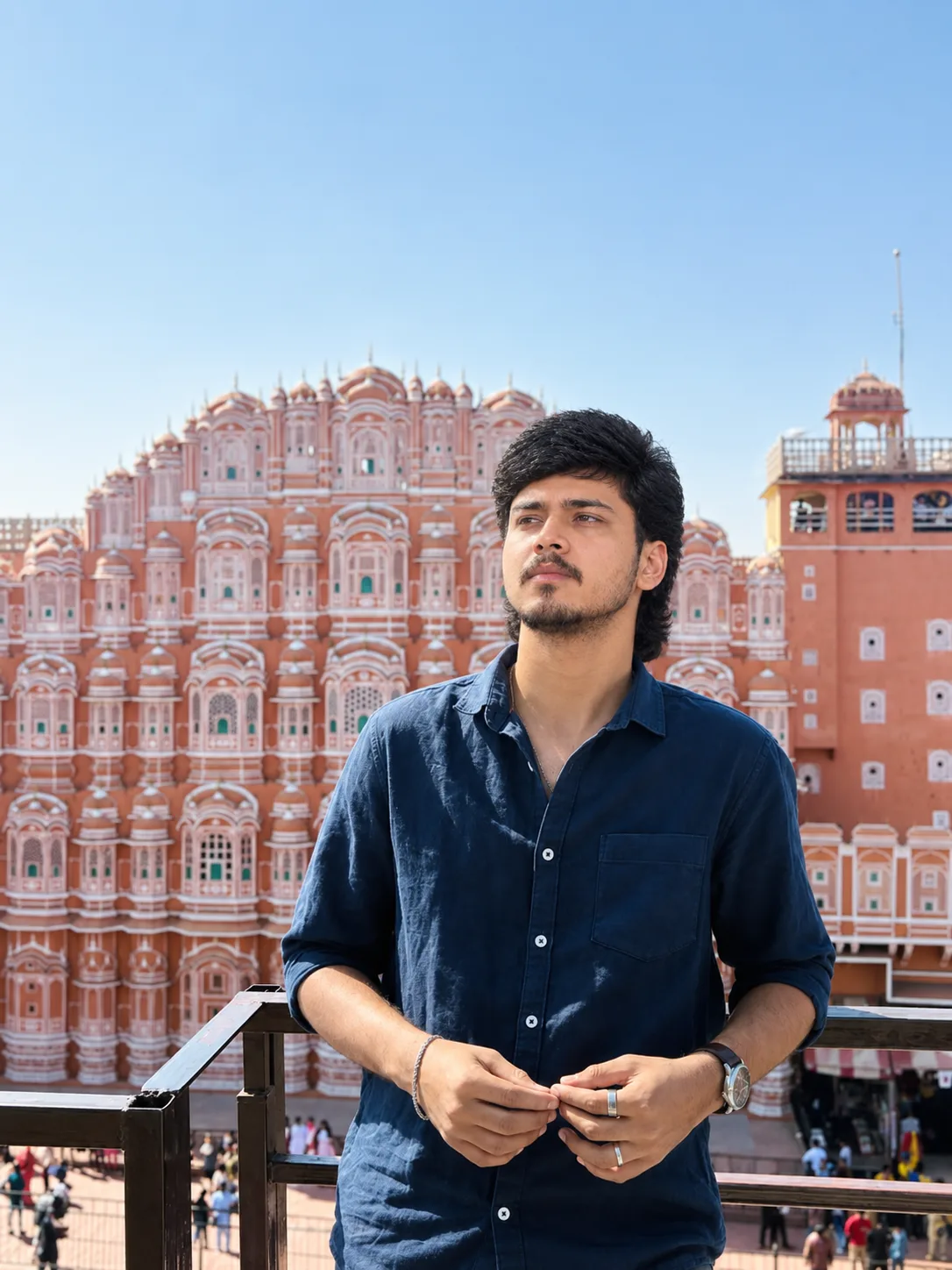Create an ultra-realistic, high-resolution travel portrait of a young Indian man standing in front of the iconic Hawa Mahal in Jaipur,