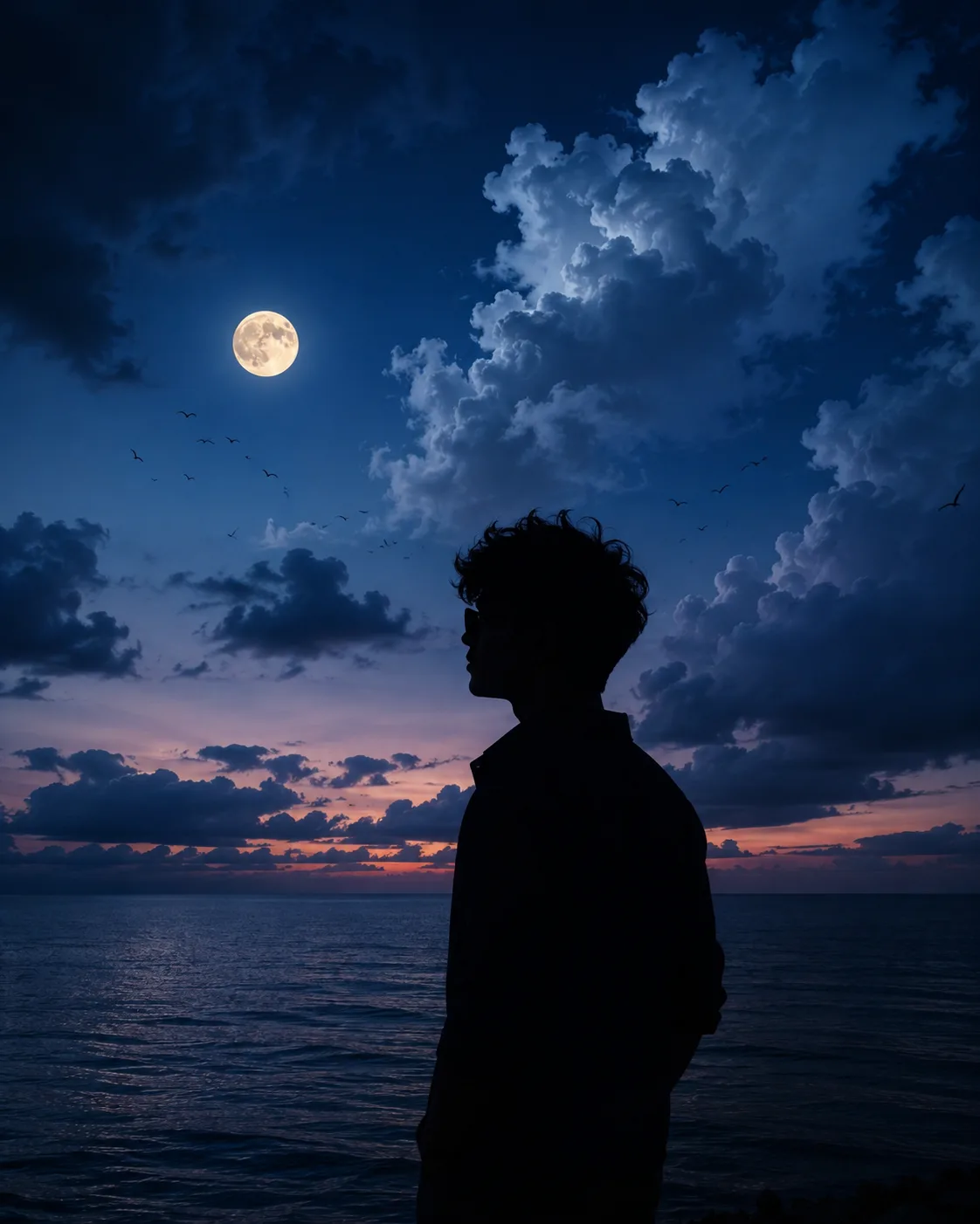 An ultra-realistic cinematic twilight portrait — you as a deep black silhouette standing alone by the sea in a 4:5 vertical composition,