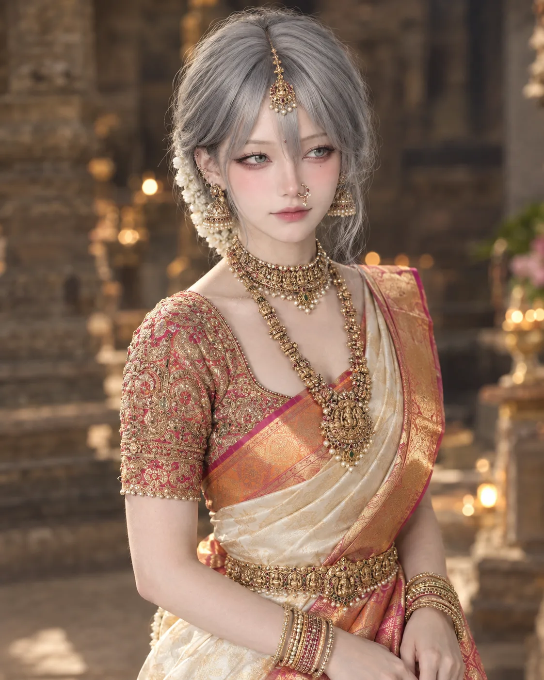 A professional candid medium shot of a glowing South Indian bride looking elegantly to the side.
