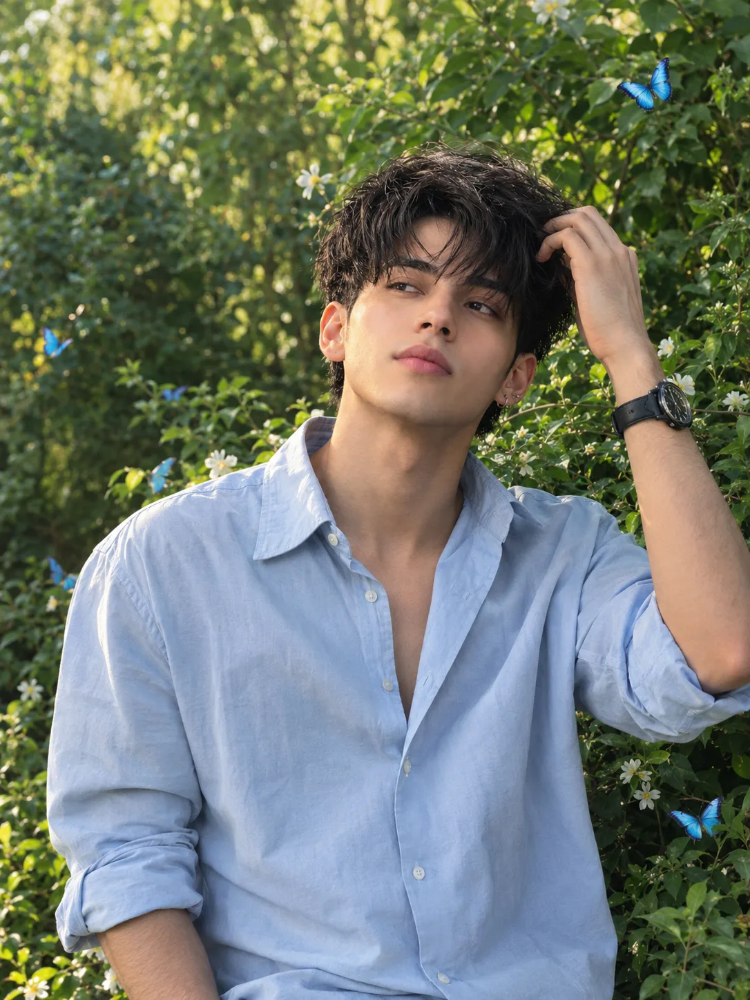 Ultra realistic photograph of a stylish young Indian man posing naturally in a lush green outdoor garden, using the uploaded reference