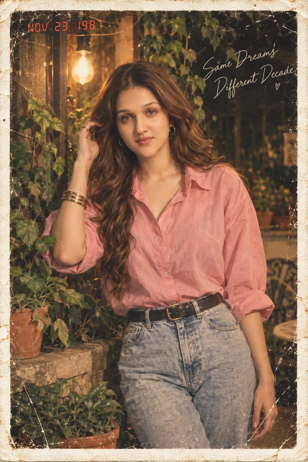 /90s Old photography looking craters Vintage 1987 solo female polaroid portrait, BKT female lock (wavy dark brown hair, warm brown eyes),