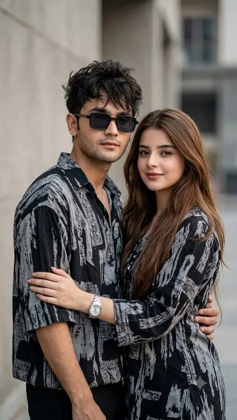 An absolute cinematic masterpiece, hyper-photorealistic and ultra-detailed medium shot portrait capturing a stylish, modern young couple