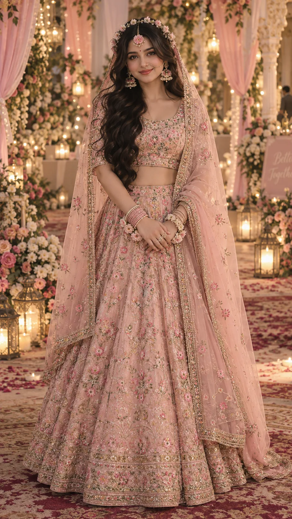Create a full-body portrait of the same young South Asian woman, facing directly toward the camera with a soft, elegant smile.