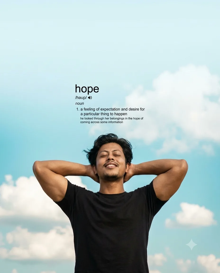 Create a peaceful, minimalist, ultra-realistic cinematic outdoor portrait of a young South Indian man standing beneath an enormous open