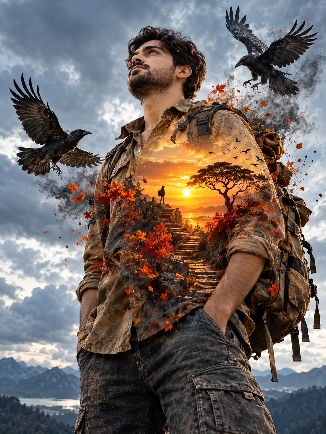 breathtaking surreal double-exposure fine-art photograph and masterwork cinematic composite featuring an adventurous, reflective traveler