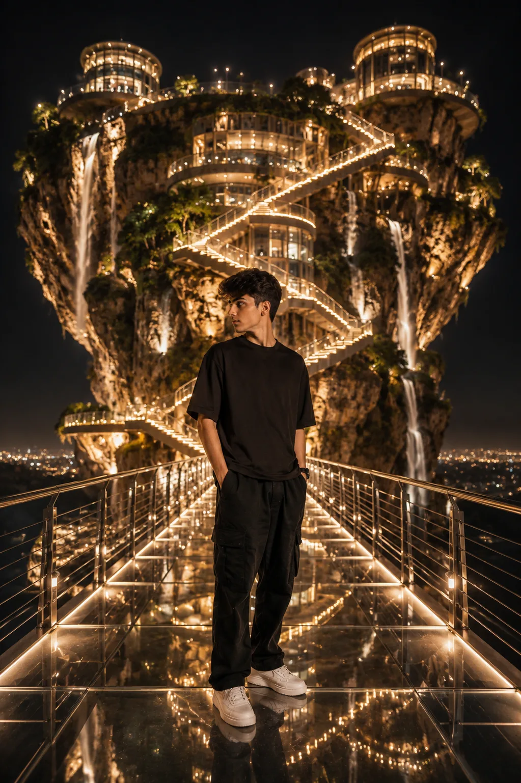 Create an ultra-photorealistic cinematic 9:16 vertical portrait of a stylish young adult man standing alone on a futuristic transparent