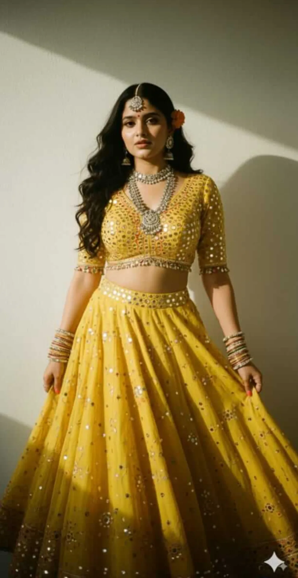 Create a retro vintage grainy but bright image of the reference picture but draped in a perfect yellow Pinteresty Navratri garba dress with