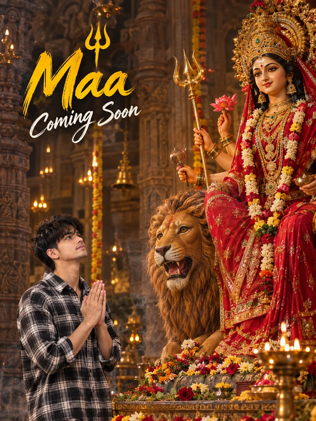 Ultra realistic photograph of a young Indian man standing respectfully inside a grand traditional Hindu temple beside a magnificent Maa