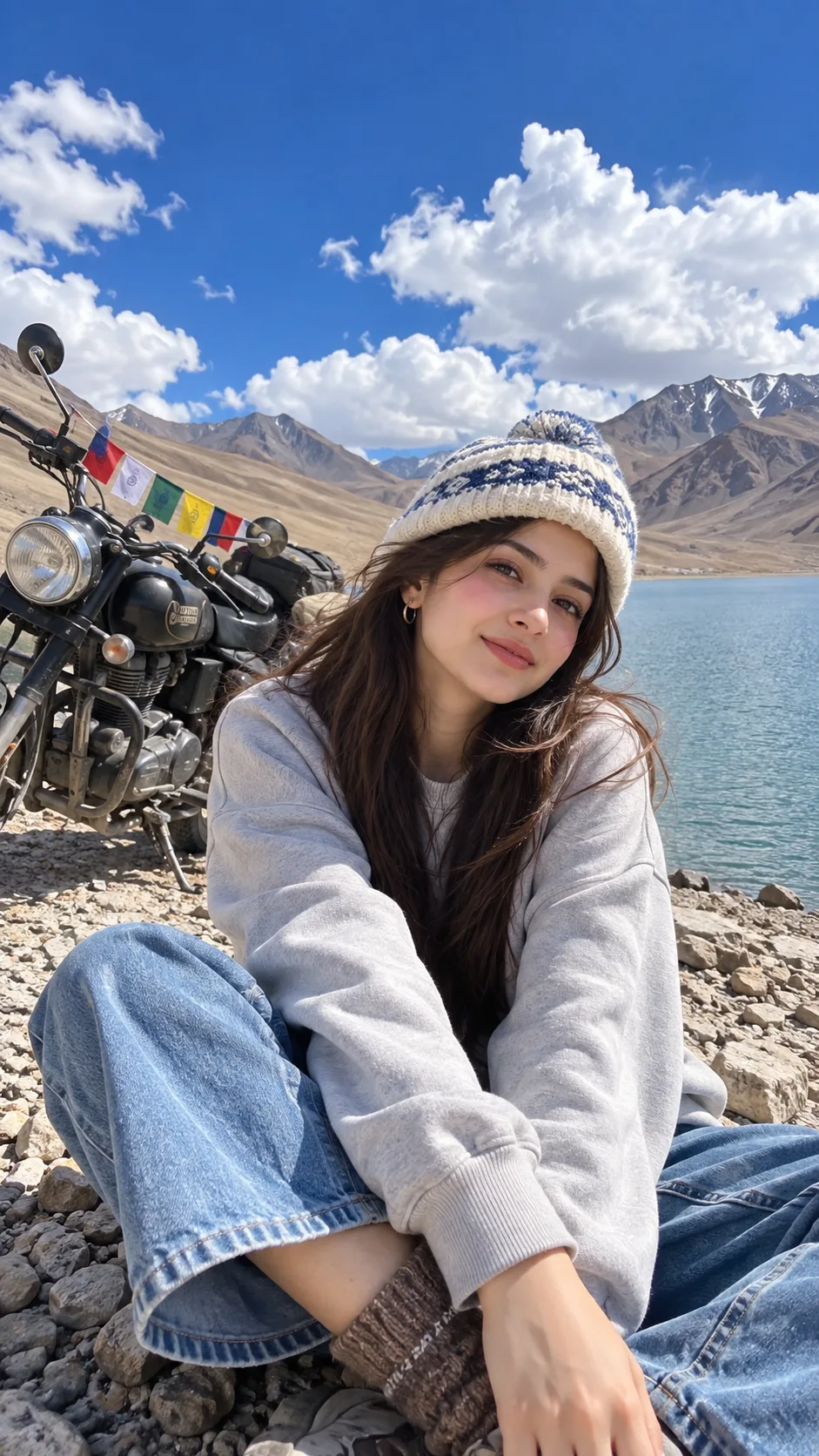 Convert the uploaded image into a outdoor travel portrait of a young beautiful woman sitting casually on a rocky lakeshore, leaning