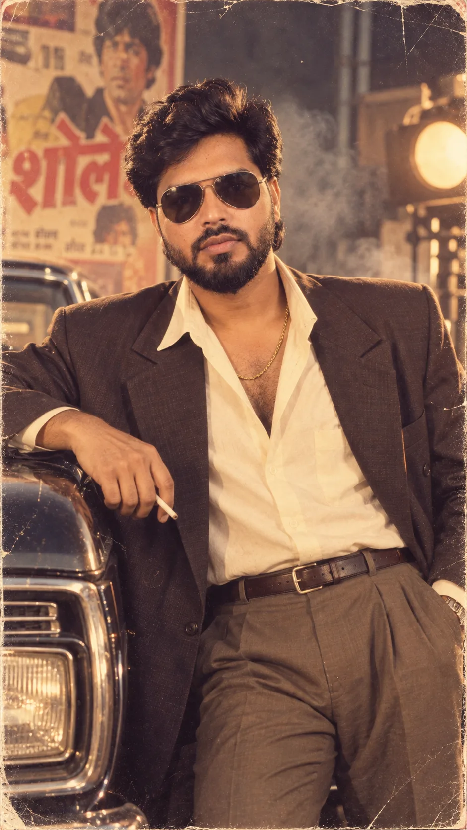 Using my uploaded photo as the facial reference, recreate me as a stylish male Bollywood movie star photographed in India during the 1980s.