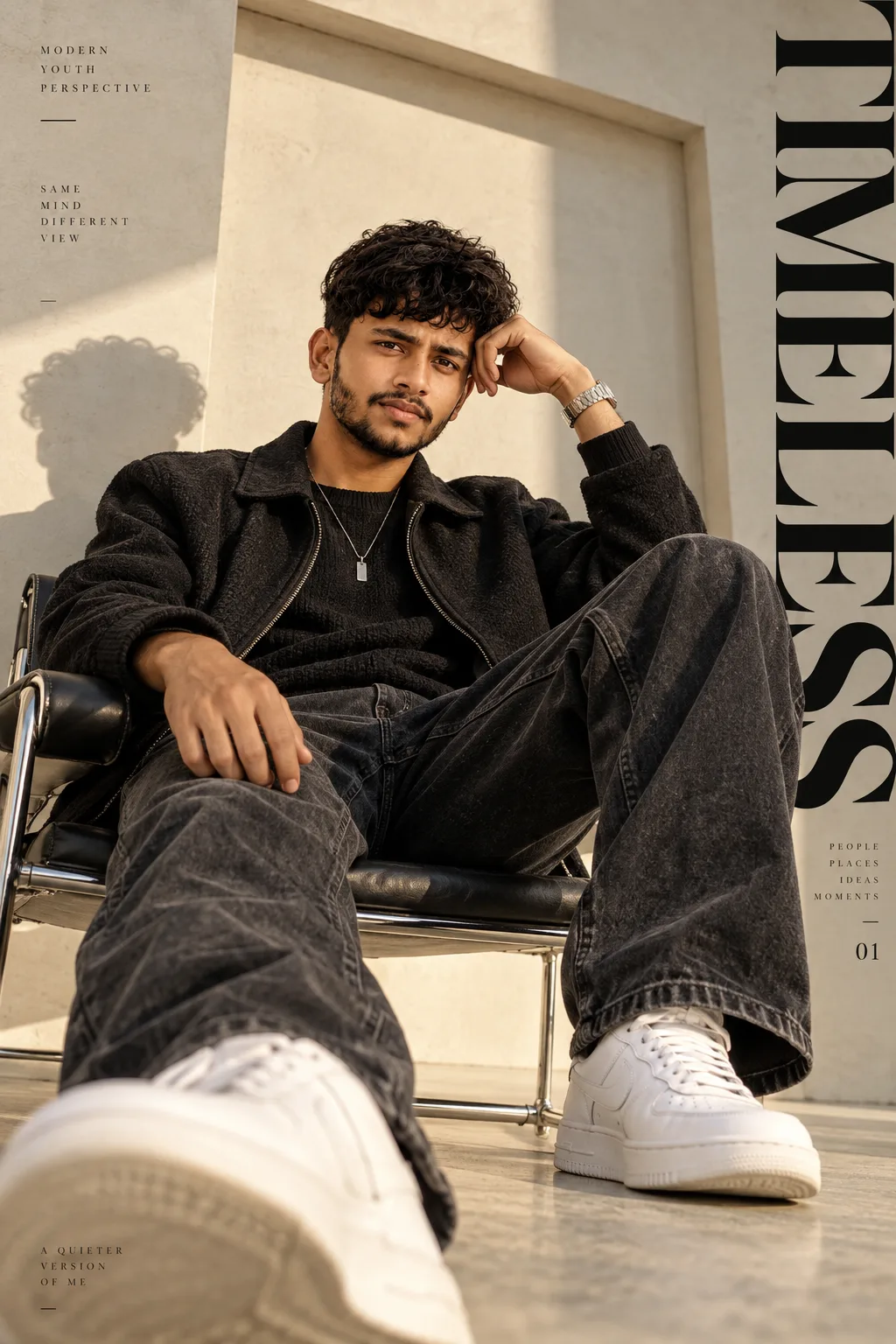 Create an ultra-realistic professional editorial fashion photograph of a young adult man seated casually in a modern minimalist chair,