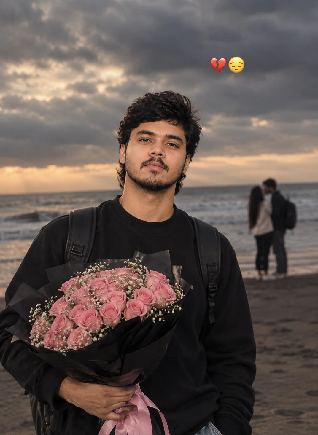 Ultra-realistic DSLR portrait of a young South Asian boy standing on a dark sandy beach, holding a bouquet of pink roses, wearing a black