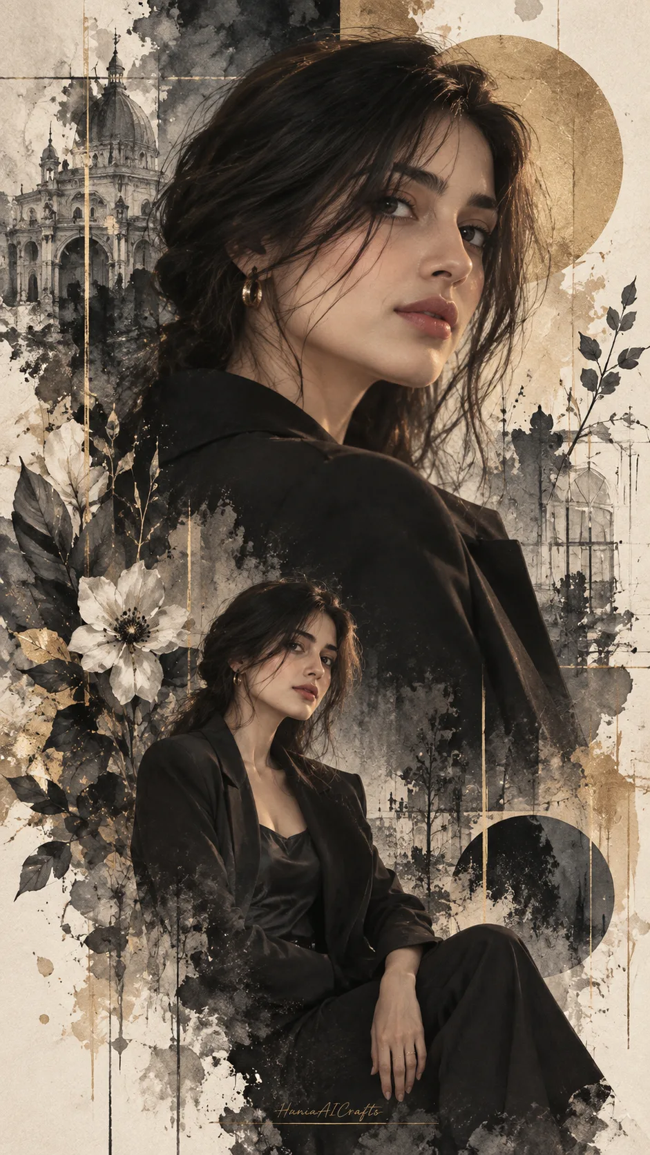 Create a cinematic 9:16 watercolour double-exposure fine-art portrait using the uploaded reference only for the woman’s facial identity and