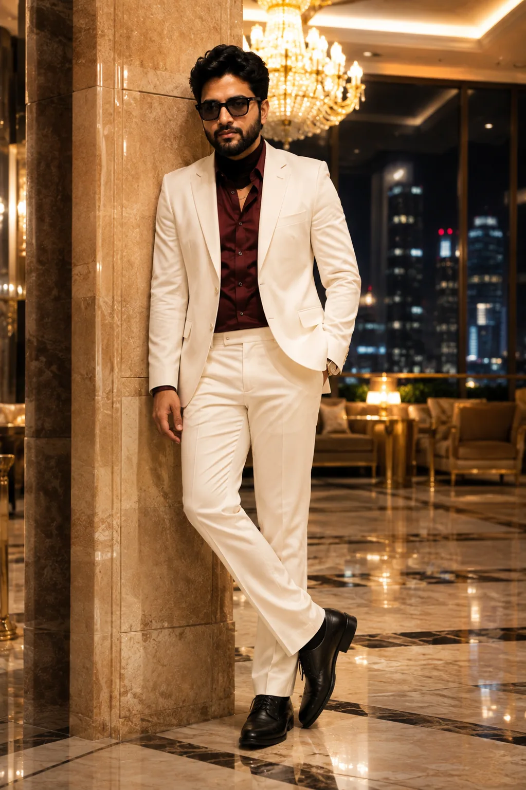 Young man in a white suit and burgundy shirt, black sunglasses and shoes, leaning against a marble pillar in a luxury hotel lobby, legs