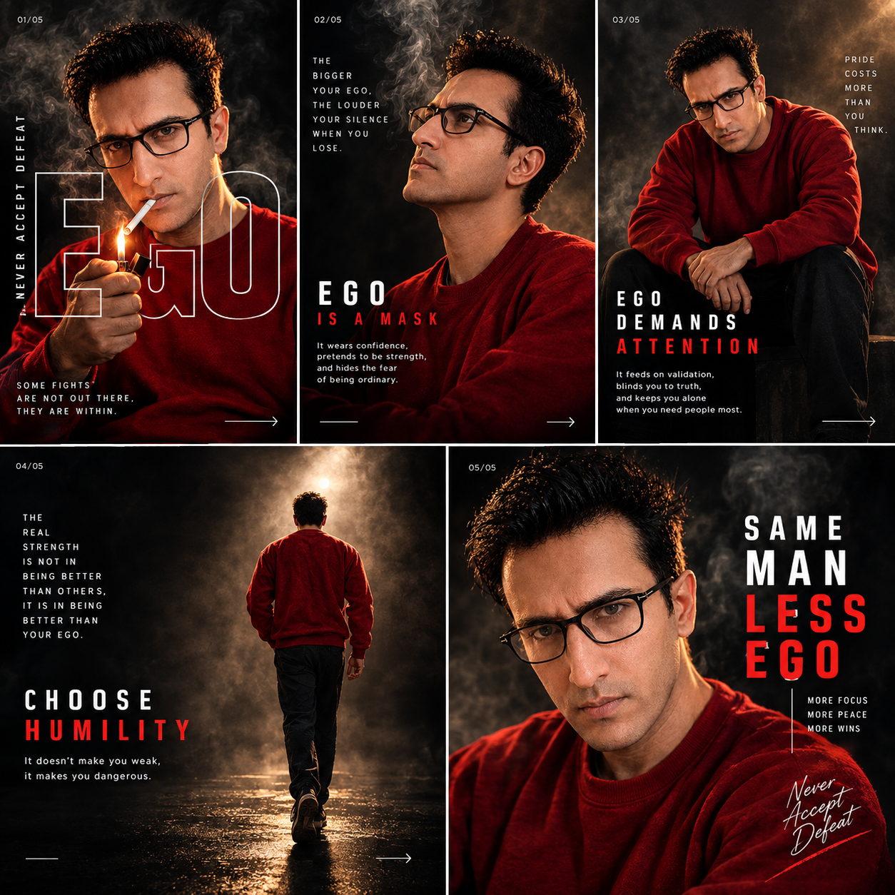 Create an Instagram carousel with a coordinated 4–5 slide poster set Cinematic portrait of a young Indian man in a red sweatshirt lighting