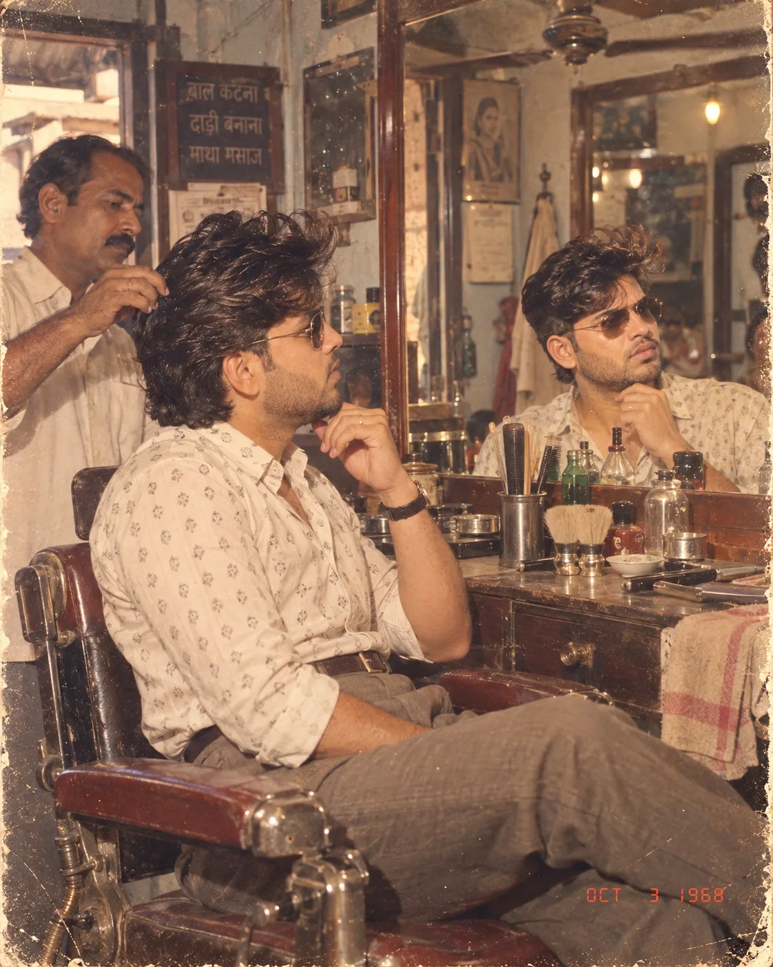 Using my uploaded photo as the **primary identity reference**, recreate me sitting inside a small, traditional Indian barber shop during