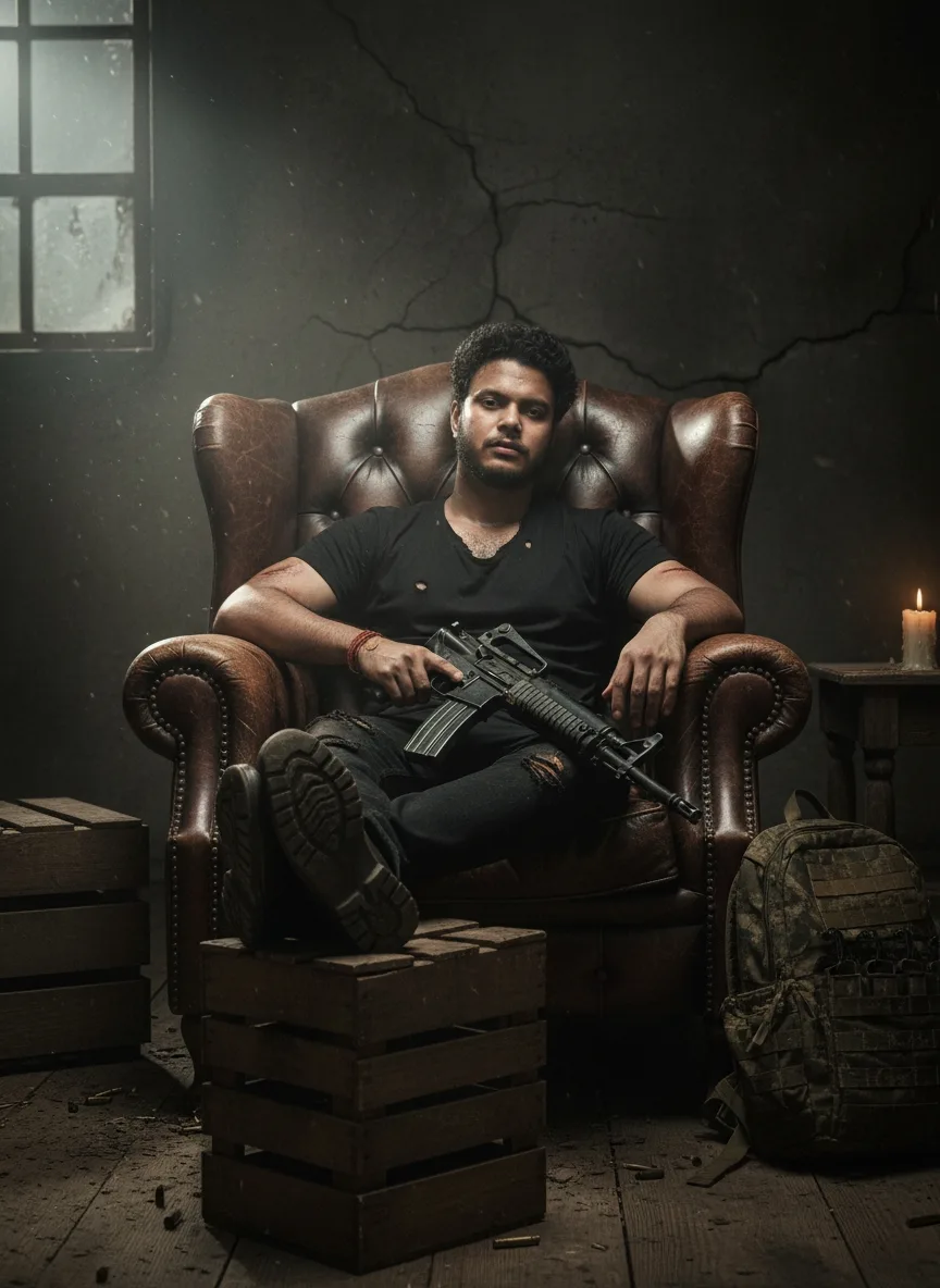 Prompt: Cinematic portrait of a young South Asian man with curly black hair, light beard, and intense confident expression, seated relaxed