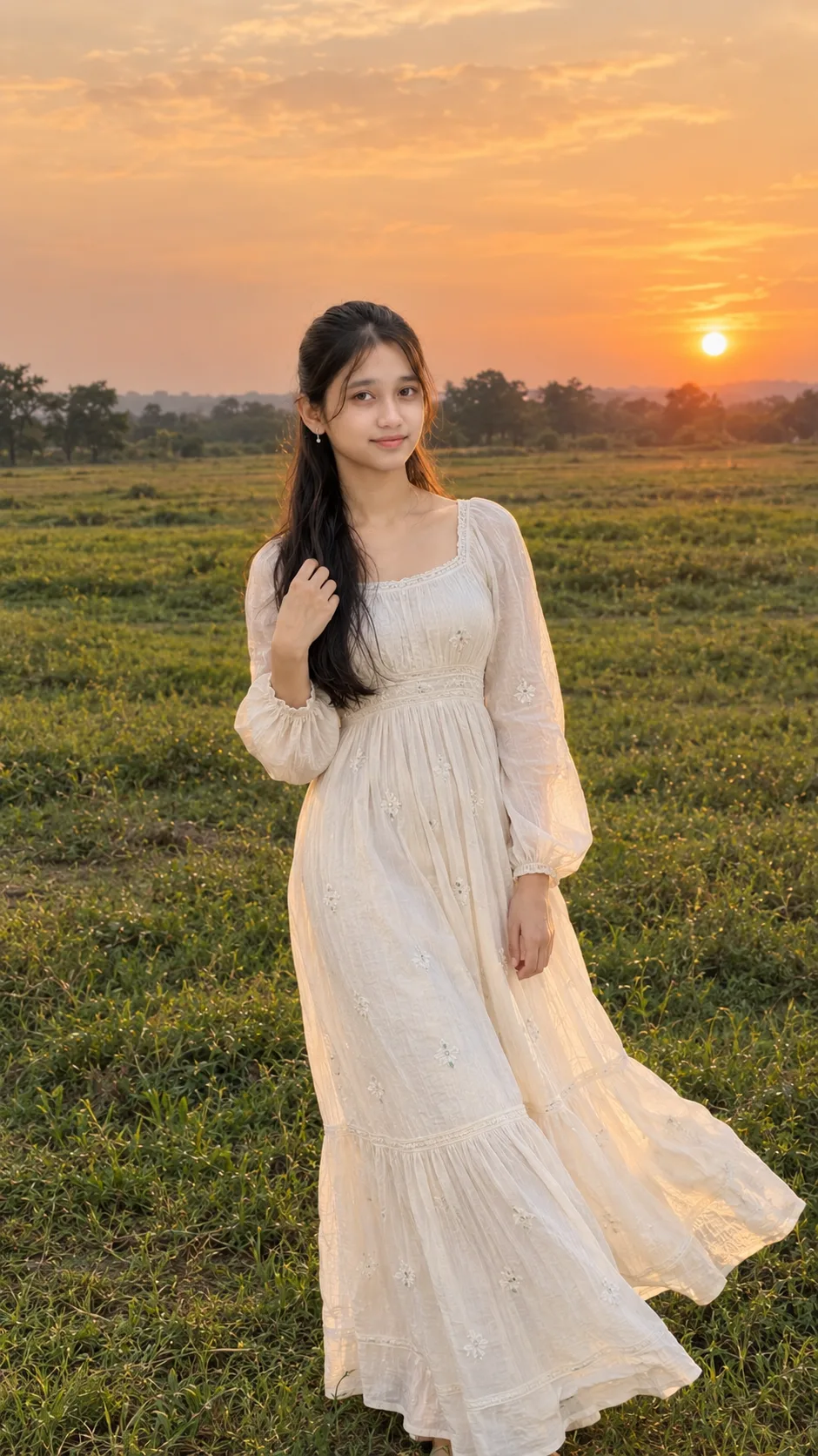 Ultra realistic cinematic full body photograph of a young woman standing in an open field during golden hour, shot on a real DSLR camera.
