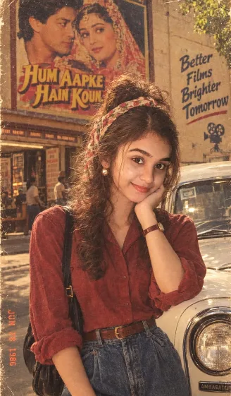 Photorealistic 90s Bollywood retro vintage portrait of a young woman with voluminous curly brown hair styled in messy bun with a floral