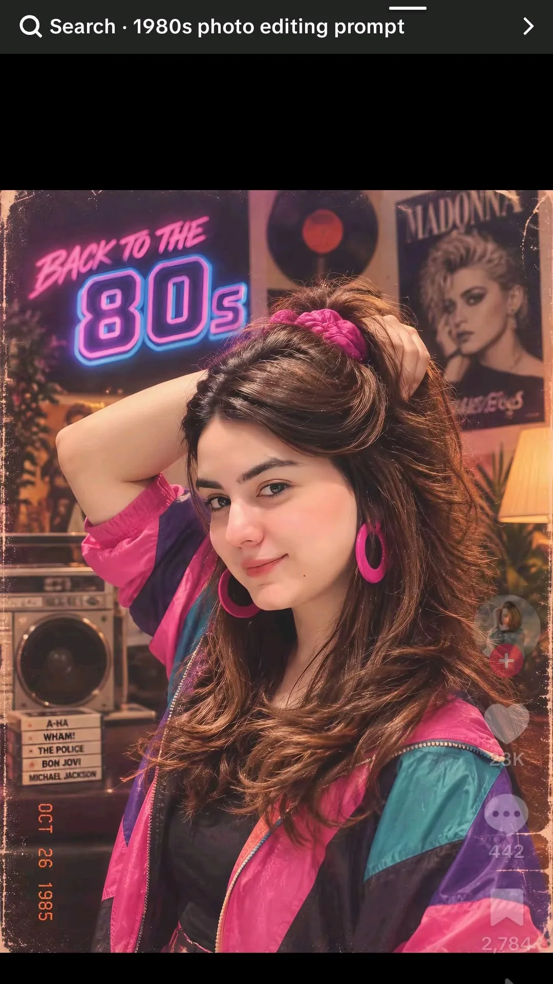 A stylish young woman in an authentic 1980s-inspired retro setting, wearing a colorful oversized windbreaker in pink, teal and purple over