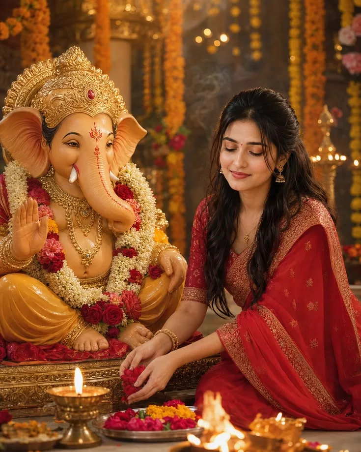 Create a photorealistic, cinematic Indian festive devotional scene inside a beautifully decorated traditional Hindu puja setting.