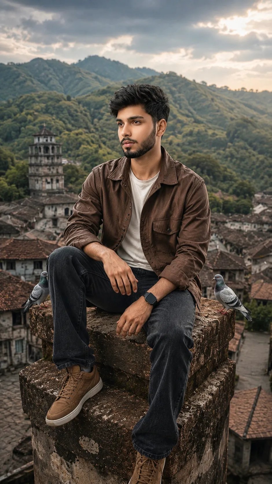 Create 8k Ultra-realistic cinematic (use refrence image) messy hair (5.9" hight)sitting confidently on an tallest tower of villege,