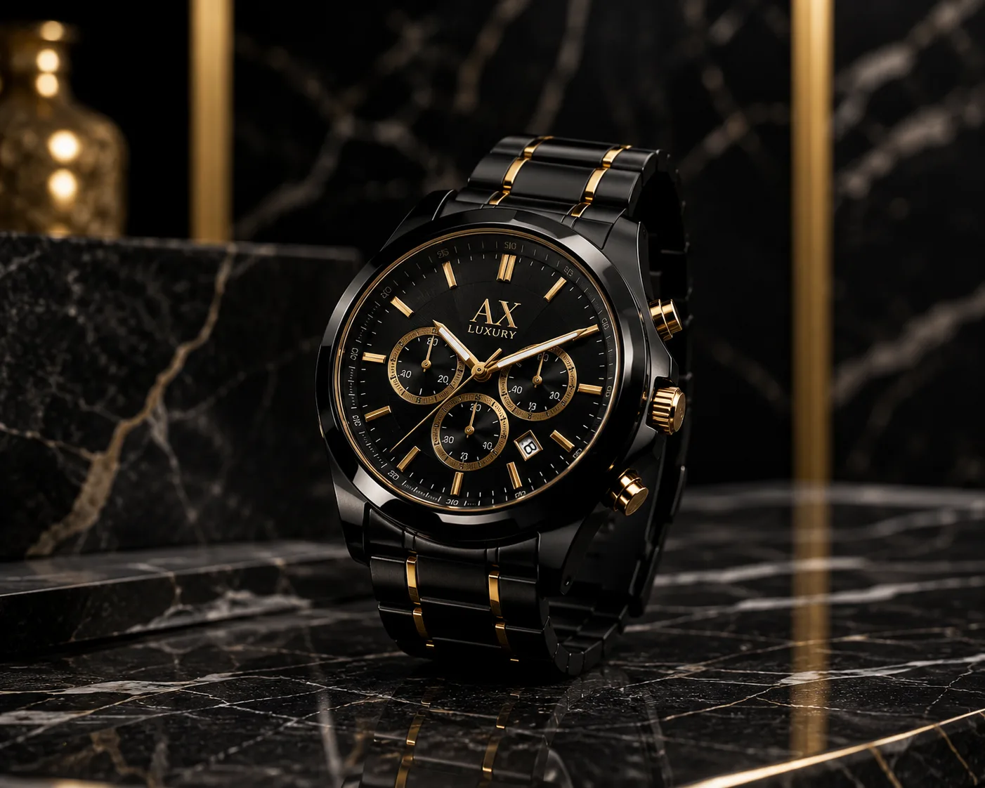 Luxury black watch on marble, golden details, dramatic studio lighting, premium product photography
