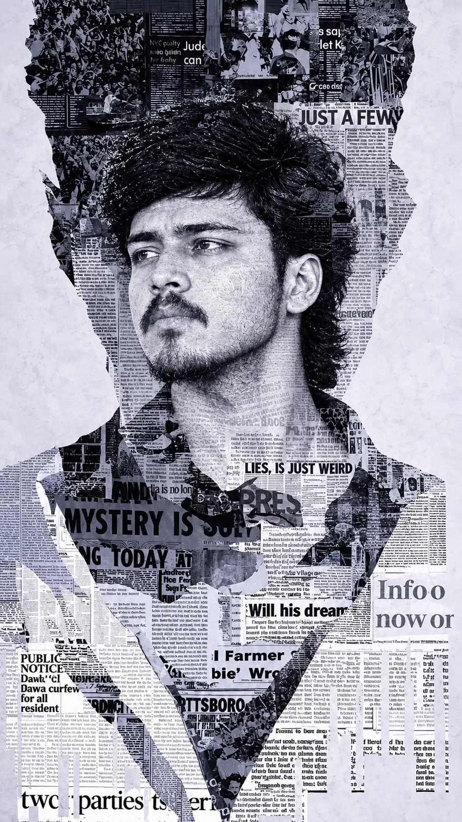 Create a highly detailed black-and-white editorial portrait collage of a young Indian man, using the reference image for the exact facial