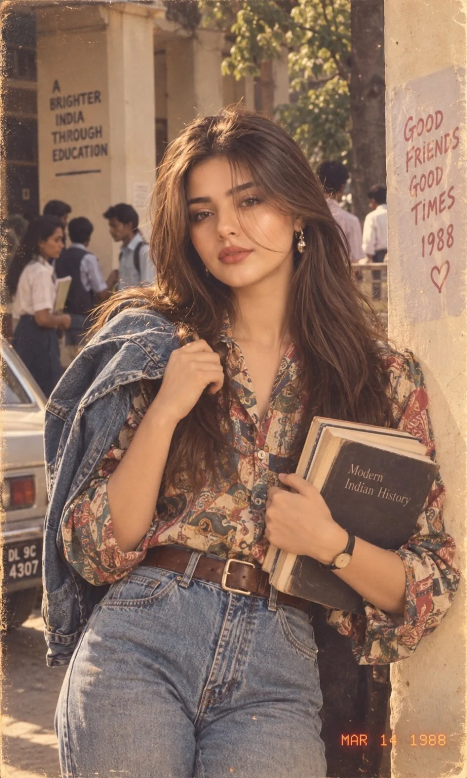 Use the uploaded photo and recreate the same person as if photographed in India in the late 1980s.