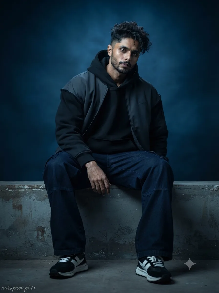 A glowing deep navy backdrop with dramatic cool-toned gradient lighting is already filling the frame when a streetwear-ready young Indian