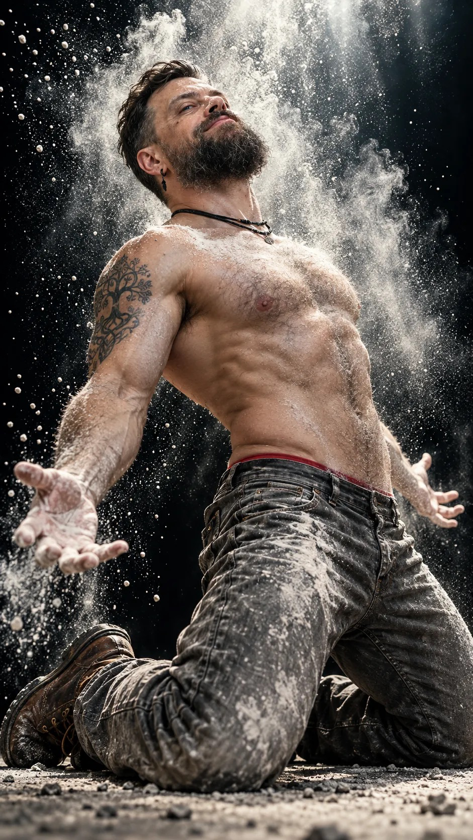 A dramatic, high-contrast cinematic portrait of a shirtless athletic man (image Uploaded) in a powerful mid-backbend, kneeling on gritty