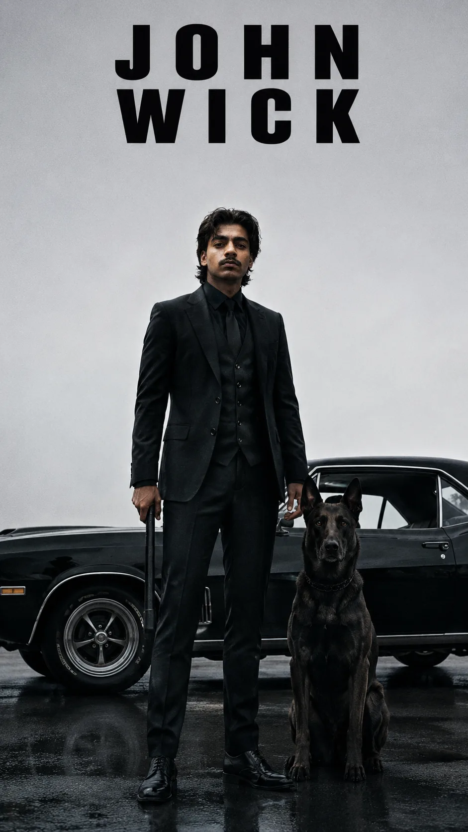 Exact Image Recreation Prompt Create a highly photorealistic cinematic neo-noir action movie poster photograph of a stylish, intimidating