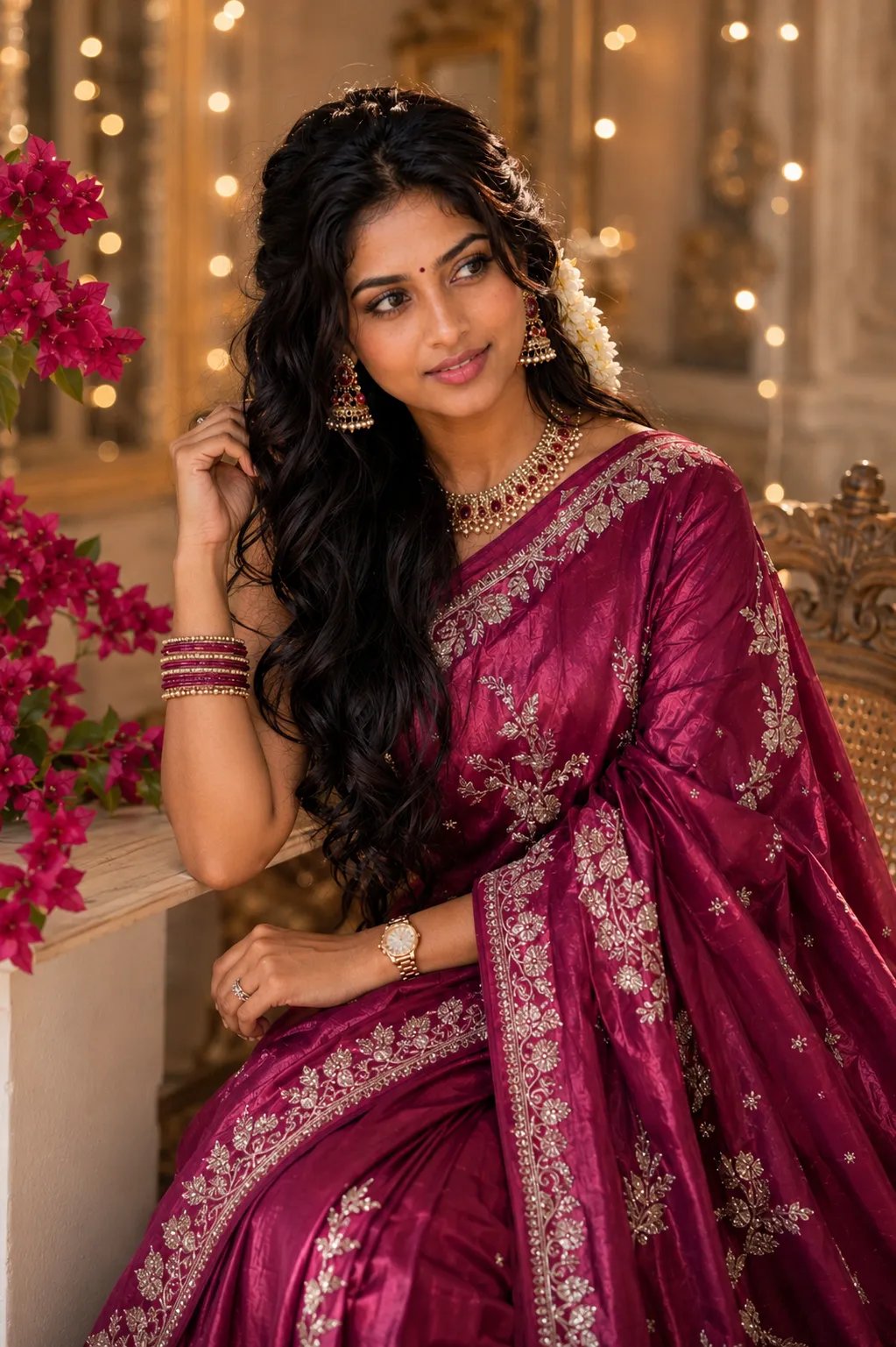 💖Queen 💗 Beautiful young Indian woman in a rich magenta silk saree with intricate silver floral embroidery, elegant jhumka earrings,