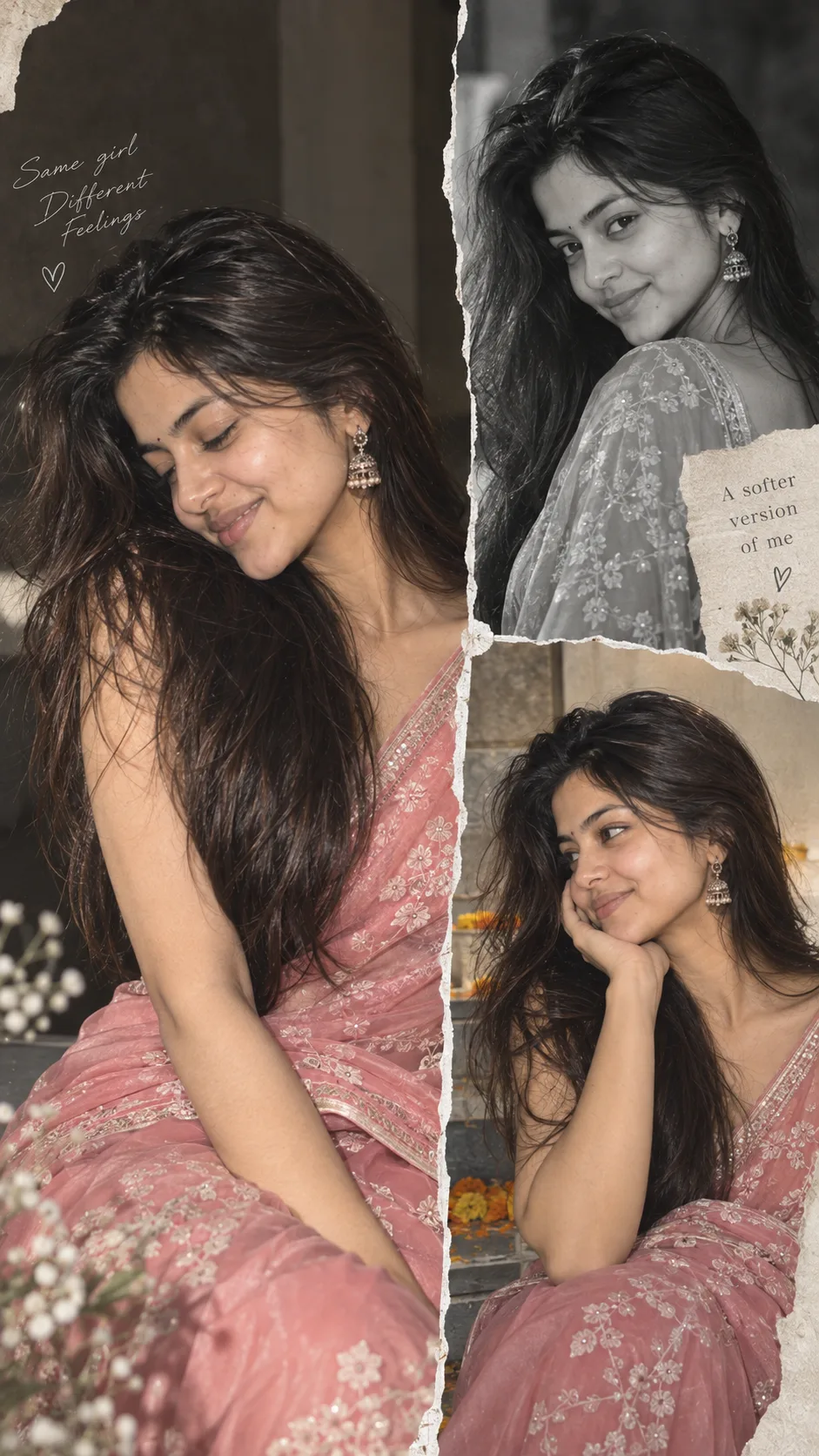 Photorealistic three-panel Indian woman portrait collage in a pink embroidered saree, glowing natural skin, elegant poses, smiling with