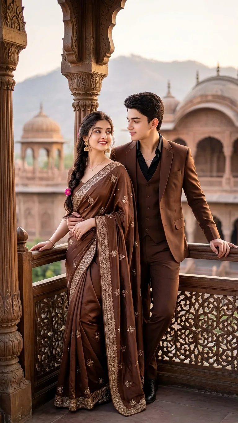 > A full-body, high-resolution photograph of a young Indian couple with the exact facial features and likeness of the couple in