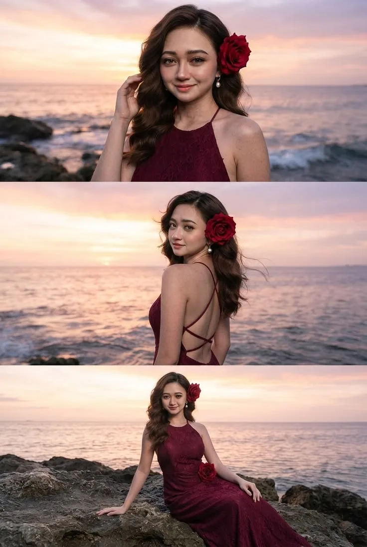 Create a highly realistic, cinematic three-photo vertical portrait collage inspired EXACTLY by the provided reference image.