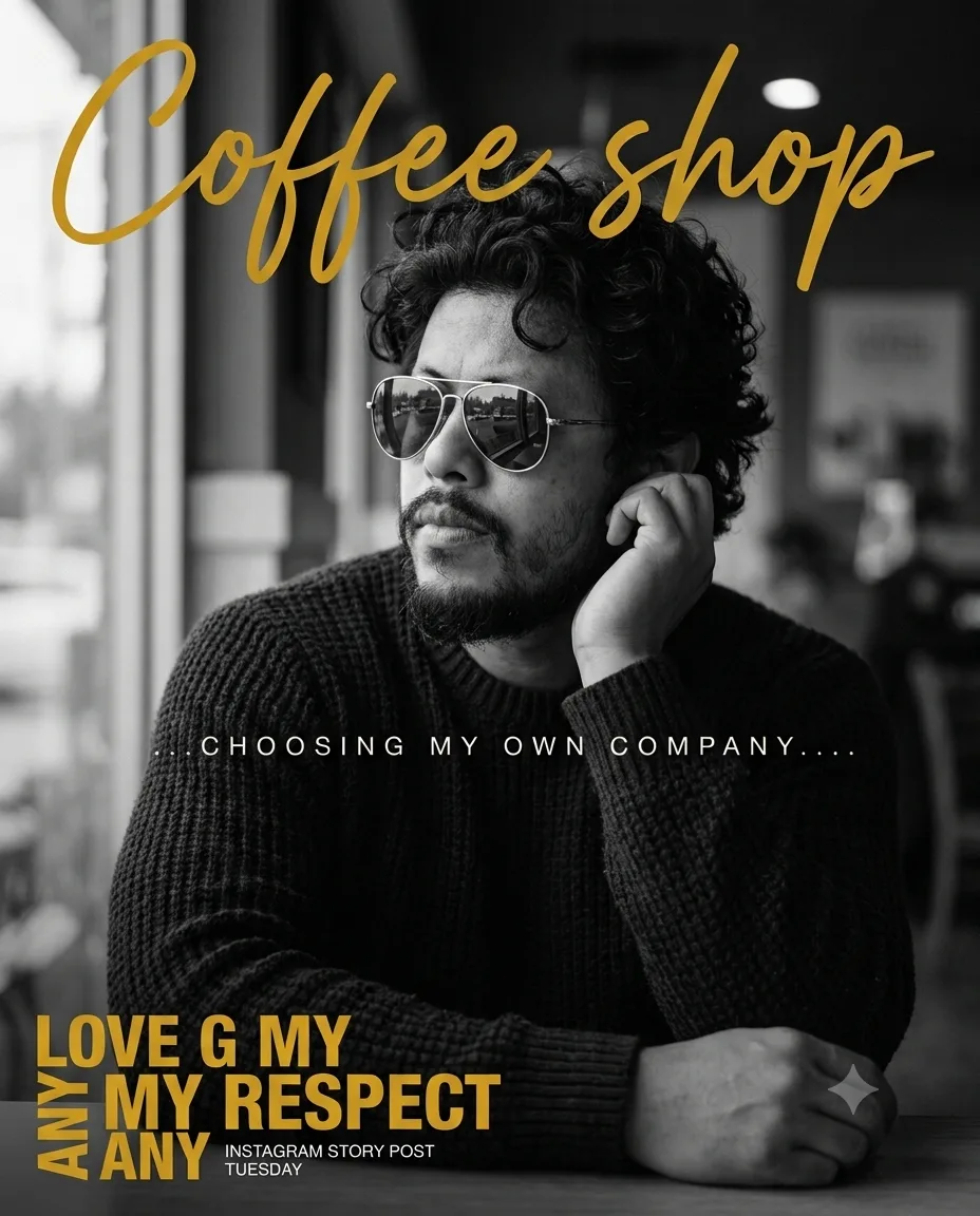 Cinematic black-and-white editorial portrait of a stylish young South Indian man sitting alone at a cozy coffee shop table, thick curly